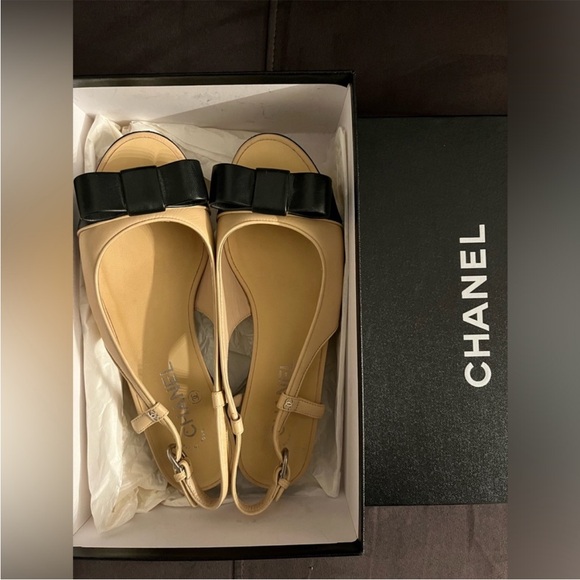 CHANEL Shoes - Chanel 100% Authentic peep toe sling back bow flats in original box